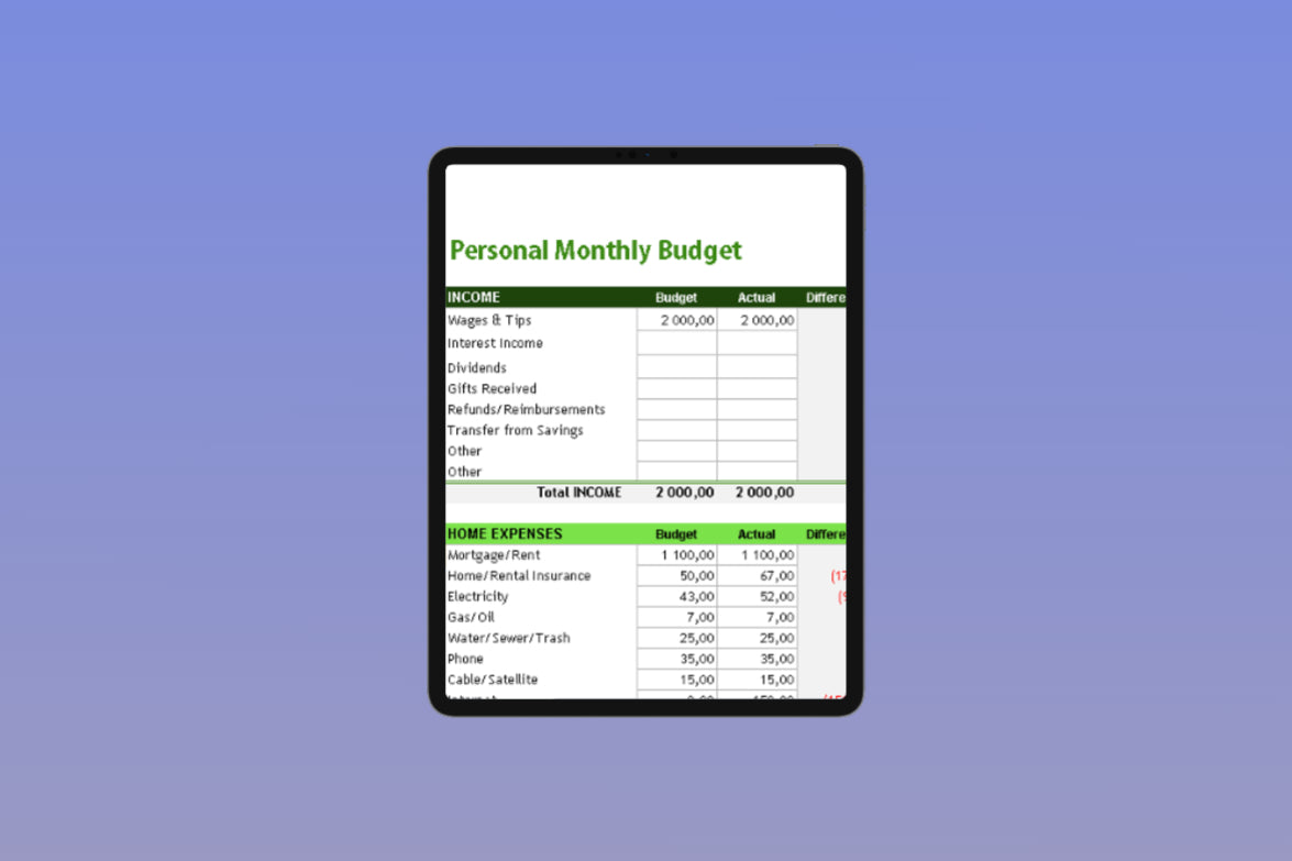 Personal monthly budget